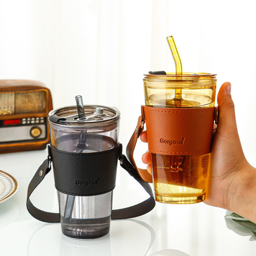 Wholesale 450ml Water Glass Coffee Mugs Cups for Home Office Milk Tea Gift Logo Custom with Leather Cover Handle