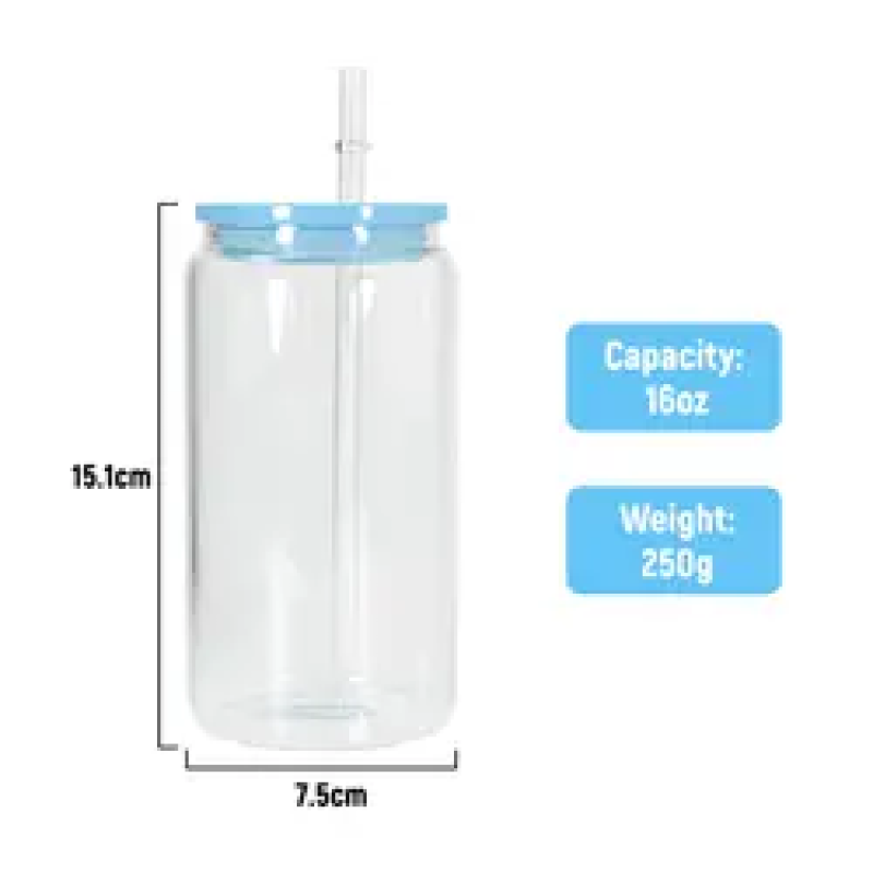 Wholesale Hot Sale New Sublimation 16oz Glass Can Drink Water  Cup Frosted clear Tumbler with Plastic Straw and Mix Color Lid