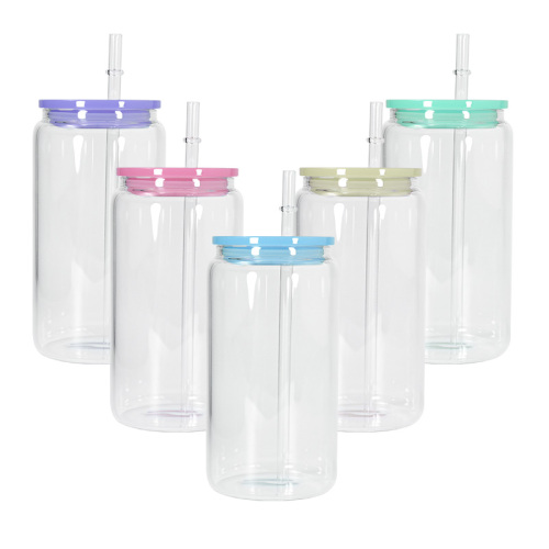 Wholesale Hot Sale New Sublimation 16oz Glass Can Drink Water  Cup Frosted clear Tumbler with Plastic Straw and Mix Color Lid