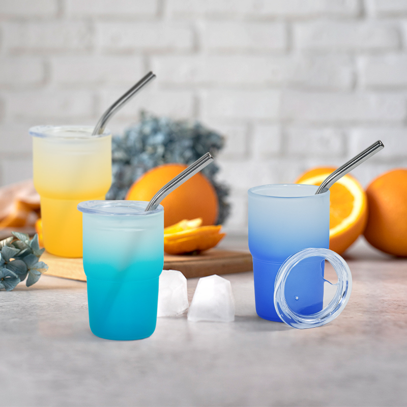 RTS US WAREHOUSE 60pcs/ctn 3oz Glasses Gradient Colored Sublimation Frosted ShotGlass Mini Tumbler with Metal Straw Plastic Lids