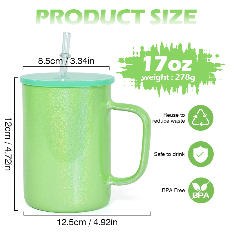 BPA Free Lid Coffee Glass Can 17oz Glitter Shimmer Glass Mug Sublimation Beer rainbow Colors Tumbler with Handle ,25pcs/ctn