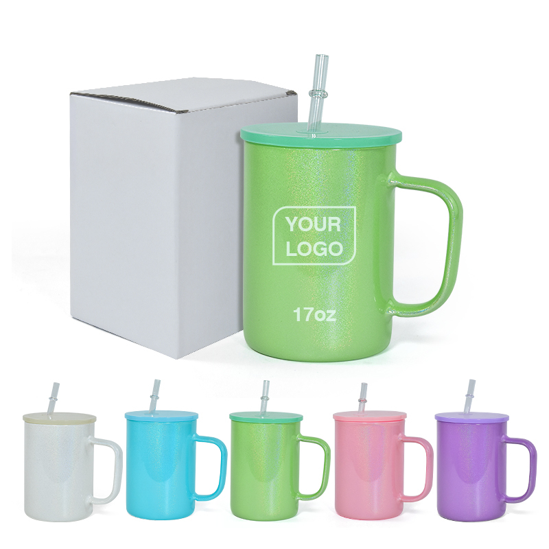BPA Free Lid Coffee Glass Can 17oz Glitter Shimmer Glass Mug Sublimation Beer rainbow Colors Tumbler with Handle ,25pcs/ctn