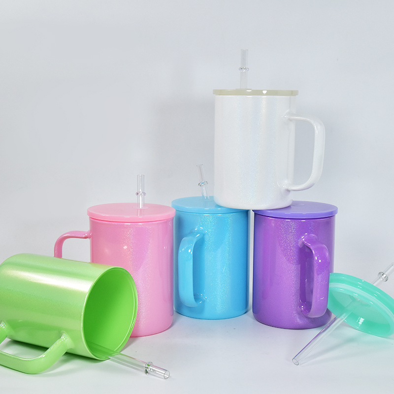 BPA Free Lid Coffee Glass Can 17oz Glitter Shimmer Glass Mug Sublimation Beer rainbow Colors Tumbler with Handle ,25pcs/ctn