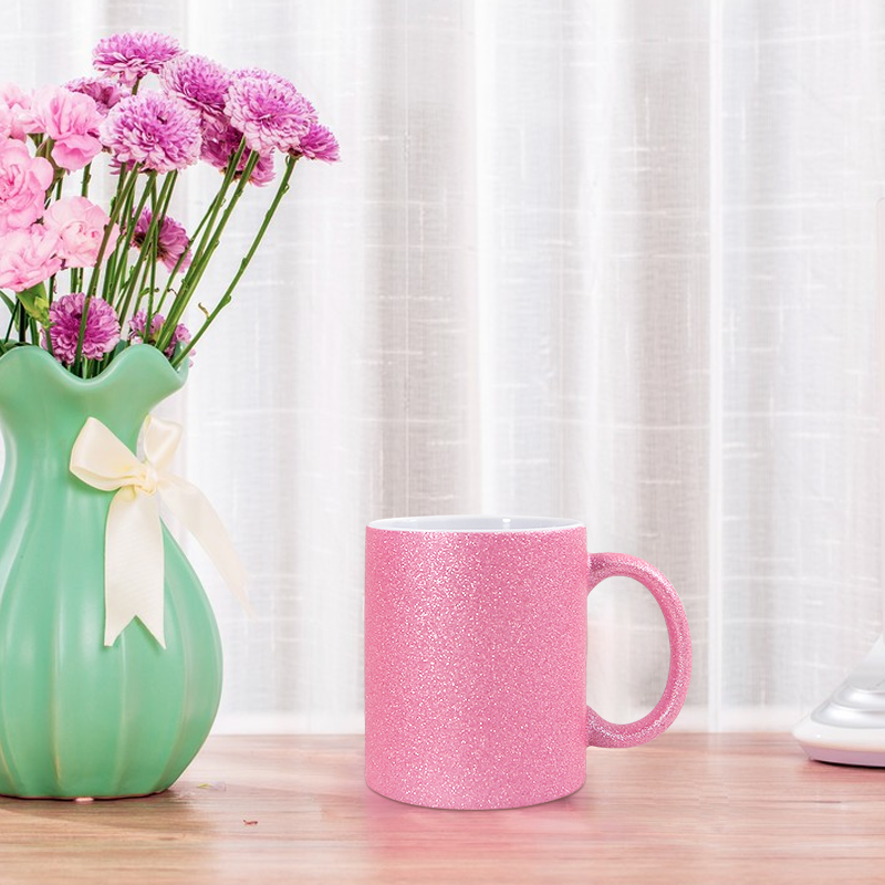 China Warehouse 11oz Sublimation DIY Blanks Glitter pink Coffee Milk Tea Ceramic Mug for Christmas New Year Gift