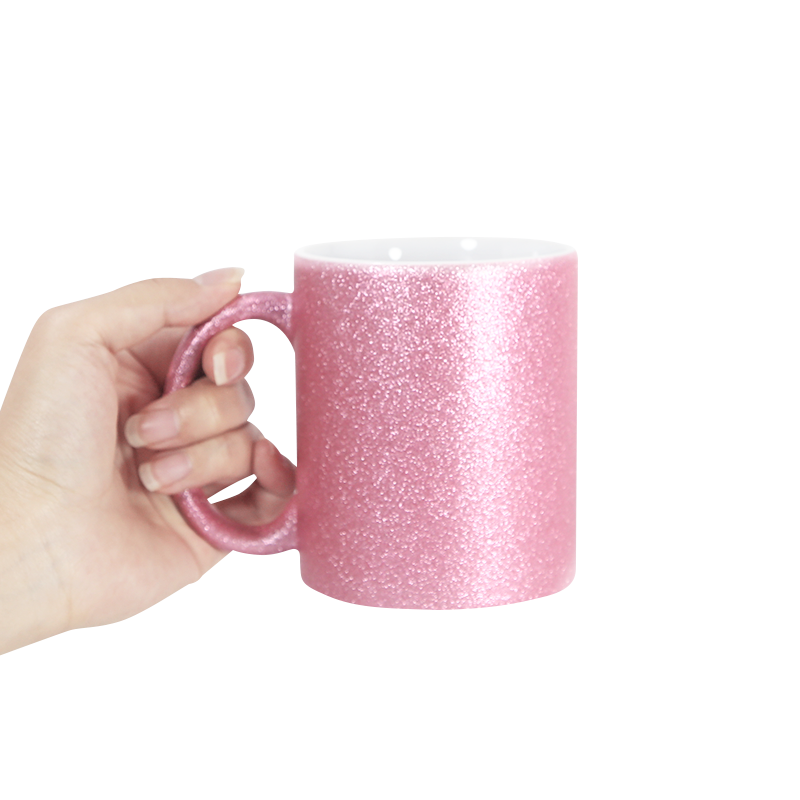 China Warehouse 11oz Sublimation DIY Blanks Glitter pink Coffee Milk Tea Ceramic Mug for Christmas New Year Gift
