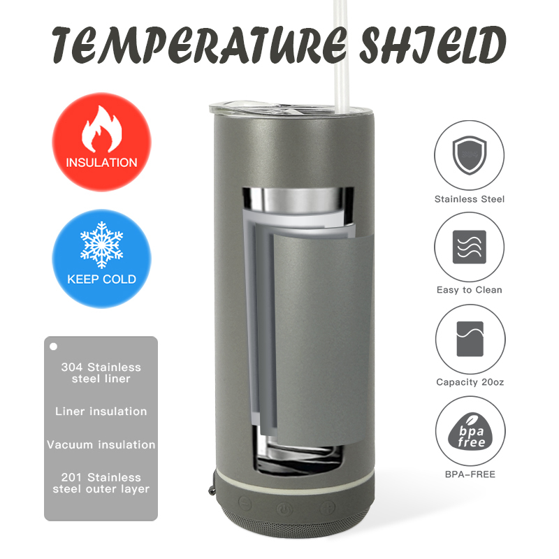 New 20oz Music Hot and Cold Stainless Steel Drink Water Bottle Speaker Tumbler Cup with LED Straight Speaker Tumblers Lid
