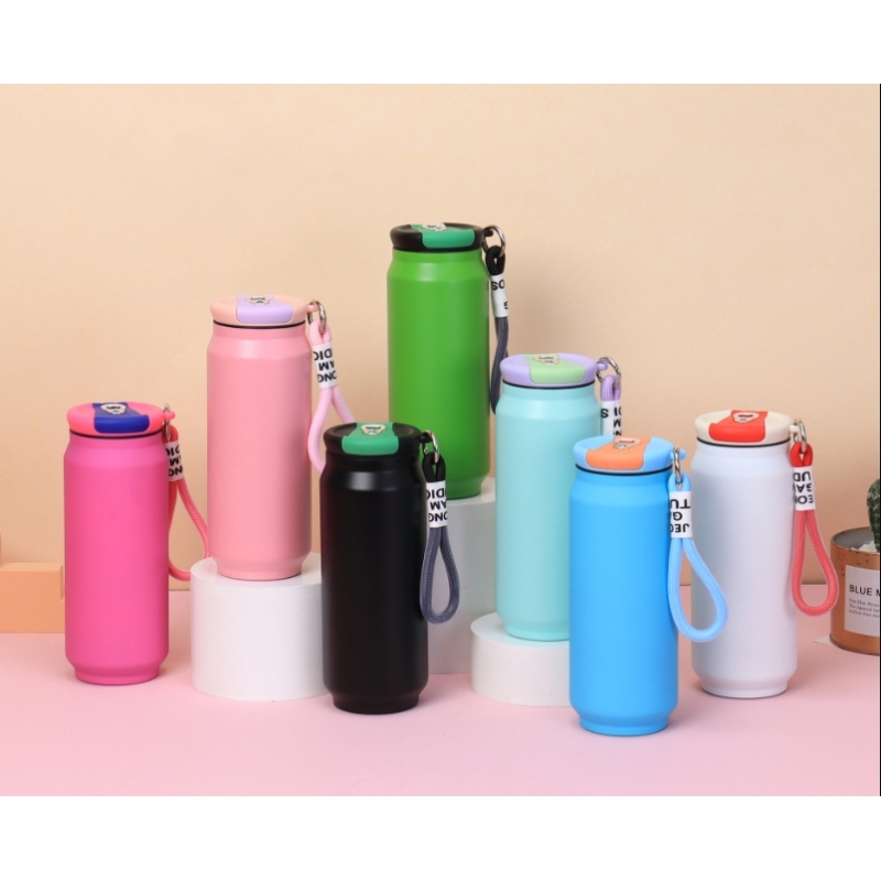 Custom Logo 500ml Cola Can Shape 304 Stainless Steel Double Wall Matte Tumbler Insulated Sport Water Bottle With Leak Proof Lids