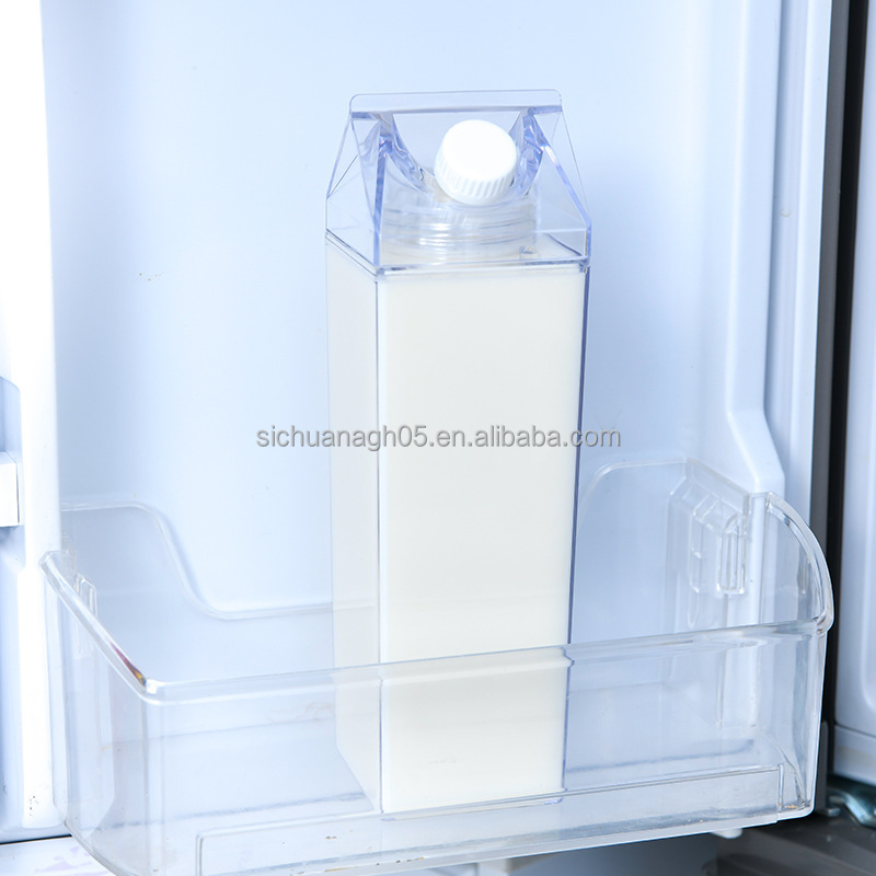 Wholesale Food Grade Plastic 500ML 16oz Transparent Colored Acrylic Milk Box Carton Shaped Water Bottle with Lid 1000ml
