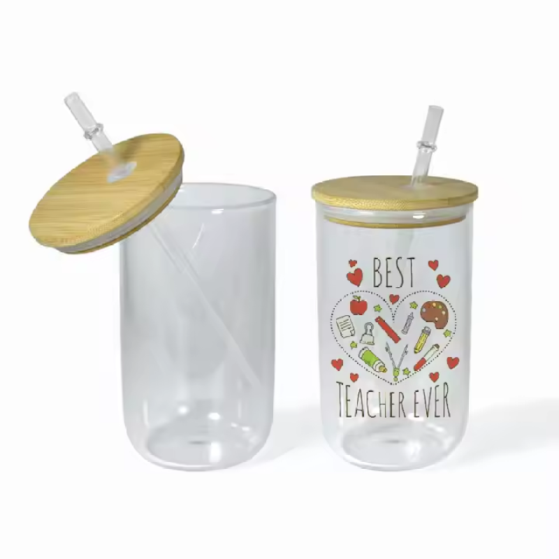 18oz Clear Sublimation Blanks Single Wall Egg Shaped Glass Cups With Plastic Straw Bamboo Lid