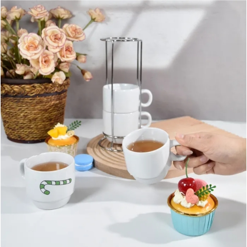 New Stocked Gift Printing 6oz Sublimation Coffee Mugs Ceramic Blank Cups Set of 4 with Rack for Heat Press DIY Printing