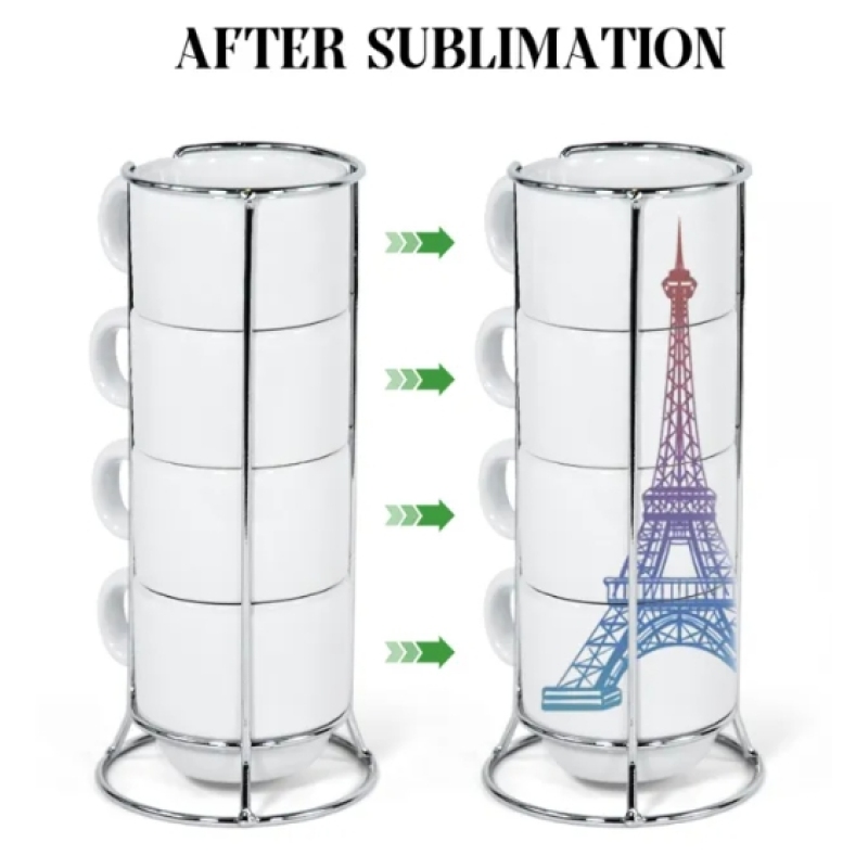 New Stocked Gift Printing 6oz Sublimation Coffee Mugs Ceramic Blank Cups Set of 4 with Rack for Heat Press DIY Printing