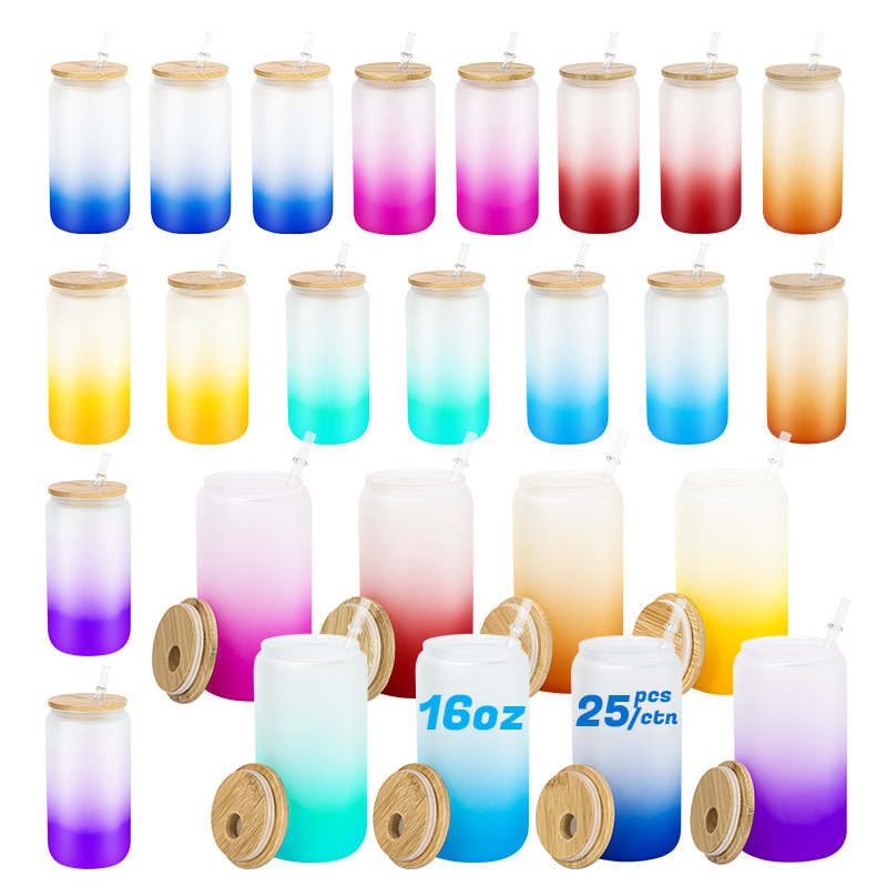 RTS USA Warehouse Stock 25pcs/ctn Free Shipping 8 Colors Mixed 16oz Sublimation Ombre Gradient Glass with Bamboo Lid