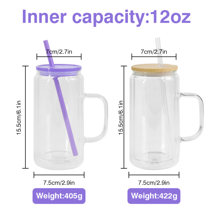 Handled 16 oz Glasses Sublimation Handle Glass Jar 16oz Double Wall Glass Tumbler Colorful Lid Snow Globe Can Pre-drilled Hole