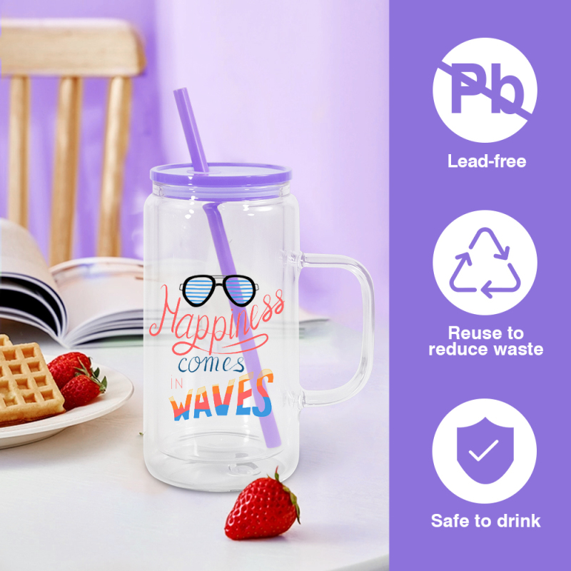 Handled 16 oz Glasses Sublimation Handle Glass Jar 16oz Double Wall Glass Tumbler Colorful Lid Snow Globe Can Pre-drilled Hole