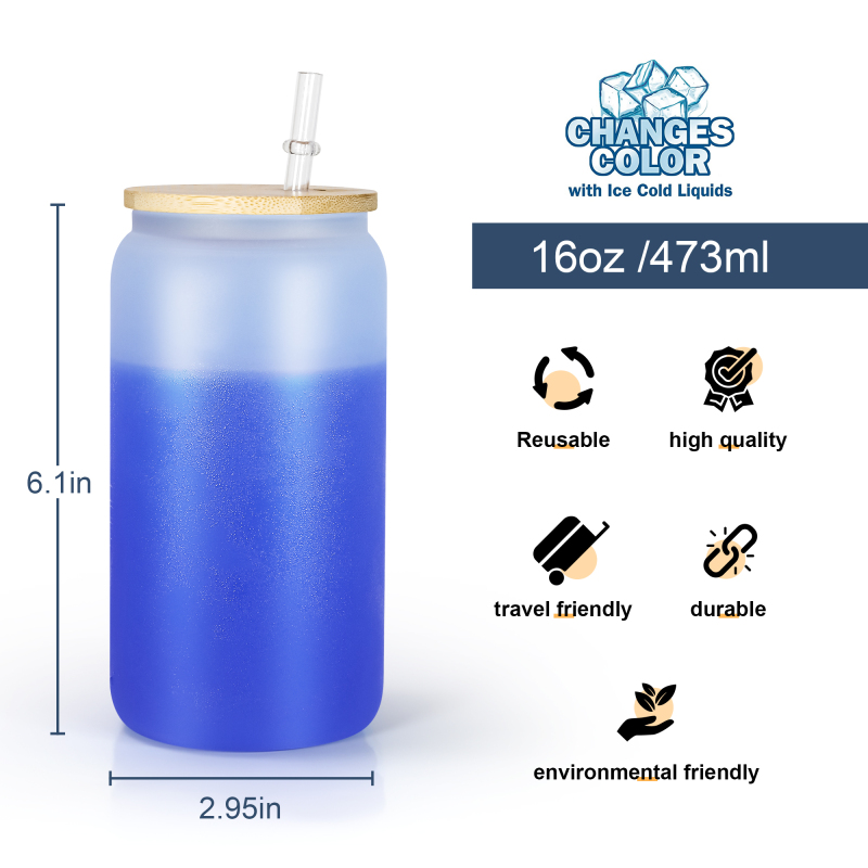 Wholesale 16oz Blank Sublimation Cold Color Change Glasses Cups Beer Glass Can with Bamboo Lid and Straw