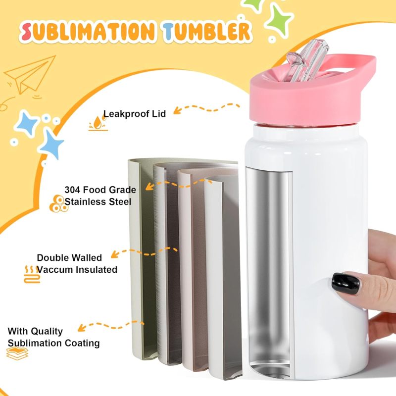 Sublimation Custom Logo Double Wall Stainless Steel Sippy Cup 14oz Insulated Kids Sport Water Bottle W/ Colored Lids Tumbler