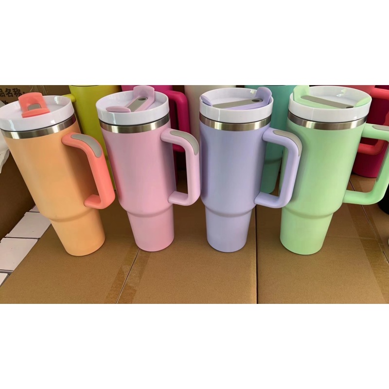 New 40oz Sublimation Blank Stainless Steel Matte Travel Mug Macarone Sublimation Bottle Tumbler with Handle for Heat Printing