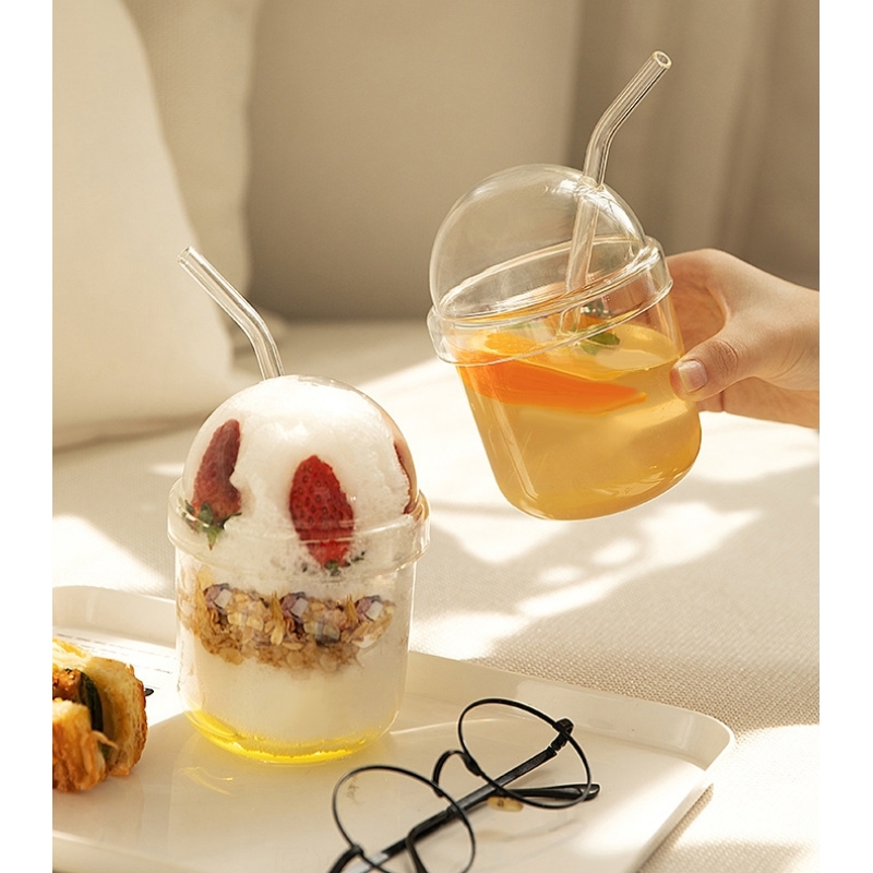15oz High Quality Cute Clear Glass Cups with Lid and Straw Coffee Milk Tea Water Tumblers Heat Resistant Drinking Glasses Bottle