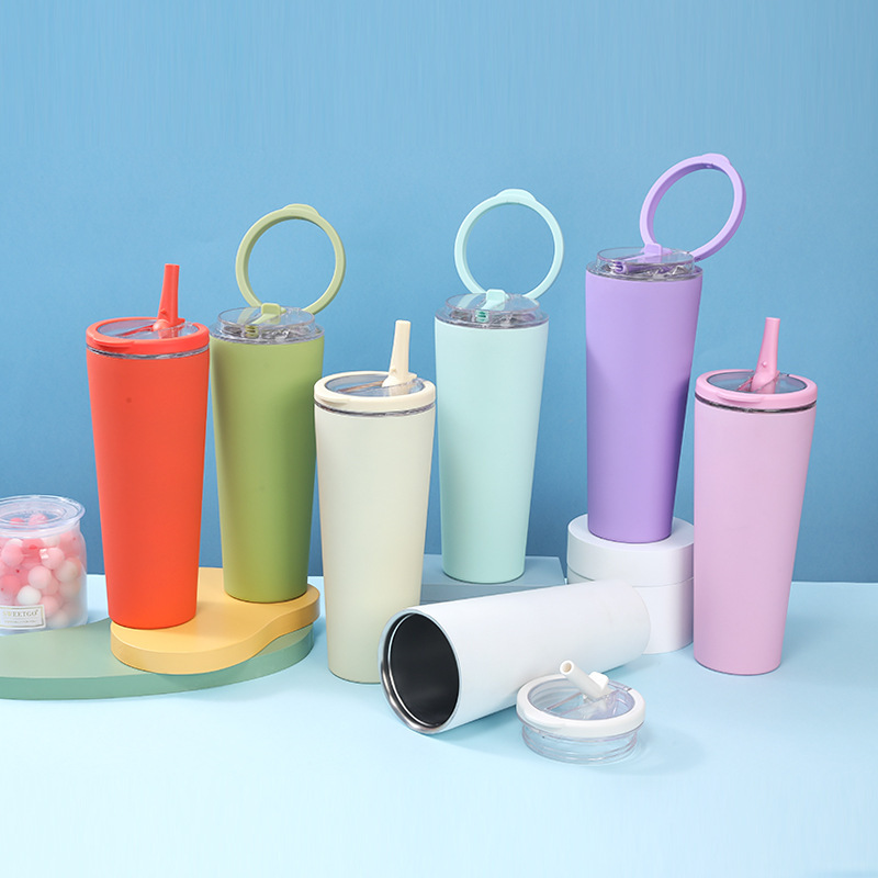 Custom 710ml Double Wall 304 Stainless Steel Bottle 24oz Vacuum Tumbler Insulated Cups Coffee Mugs with Leak Proof Straw Handle