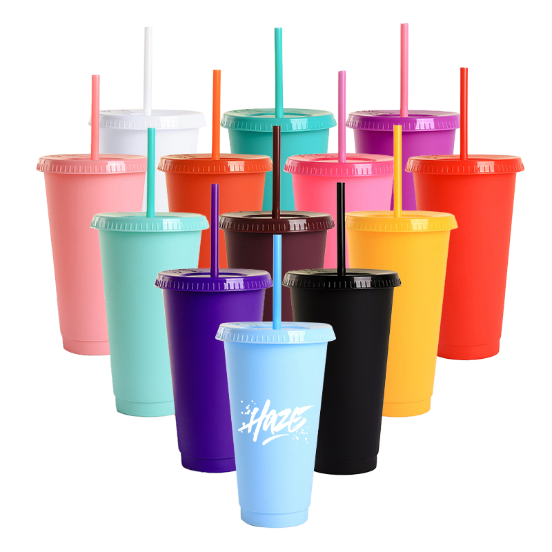 Factory Wholesale Hot Sale 24oz Reusable Solid Colors Matte Plastic Cup Large Capacity Eco-friendly Drinking Tumbler with Straw