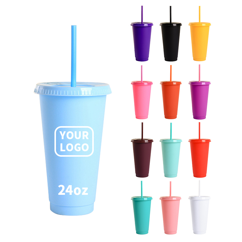 Factory Wholesale Hot Sale 24oz Reusable Solid Colors Matte Plastic Cup Large Capacity Eco-friendly Drinking Tumbler with Straw