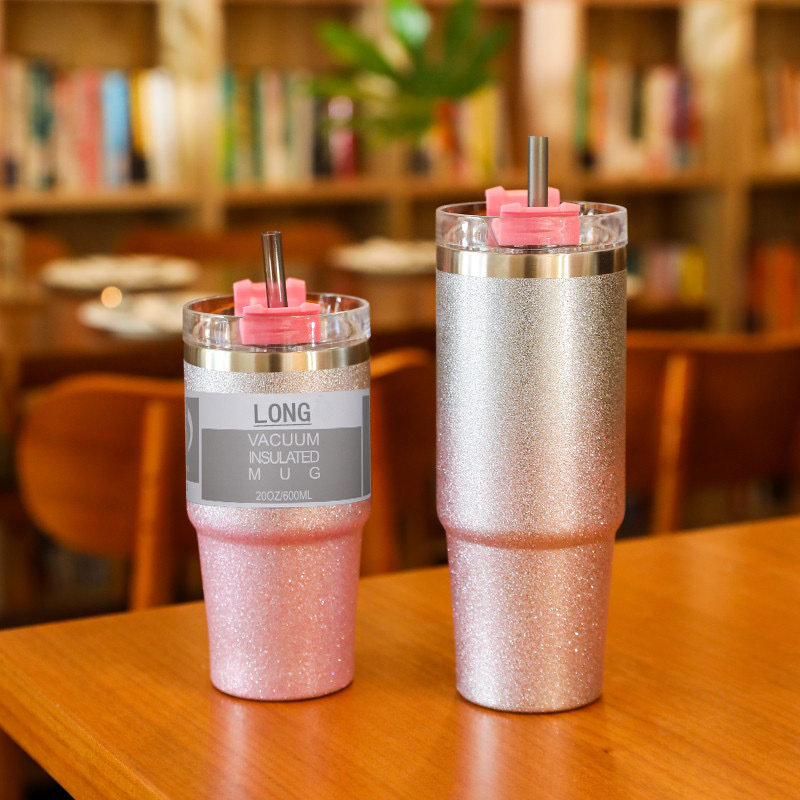 20oz/30oz Glitter Gradient Cup Stainless Steel Double Wall Vacuum Insulated Mug With Straw and Lid