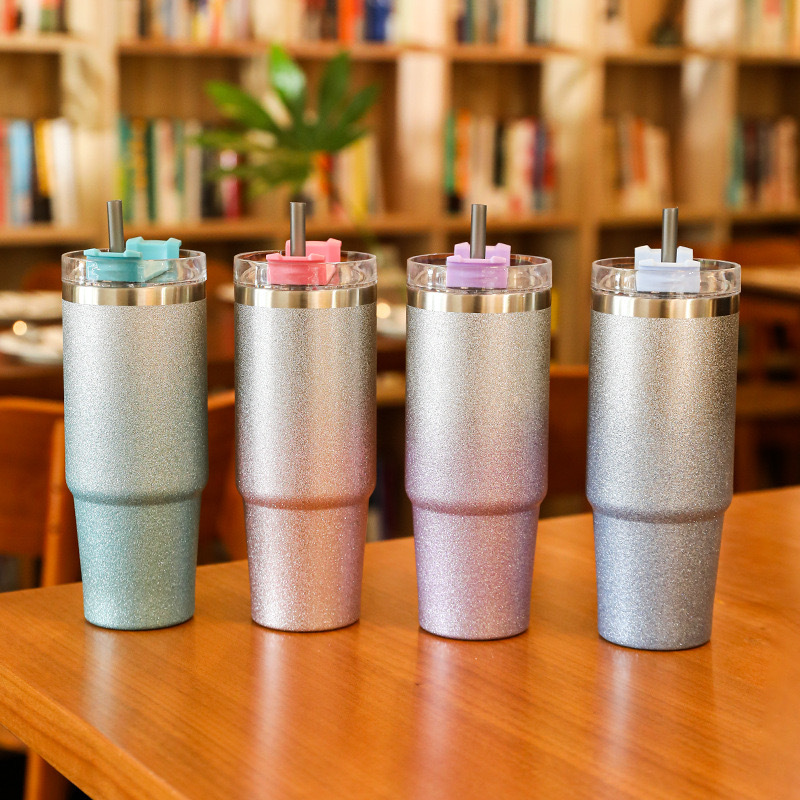 20oz/30oz Glitter Gradient Cup Stainless Steel Double Wall Vacuum Insulated Mug With Straw and Lid