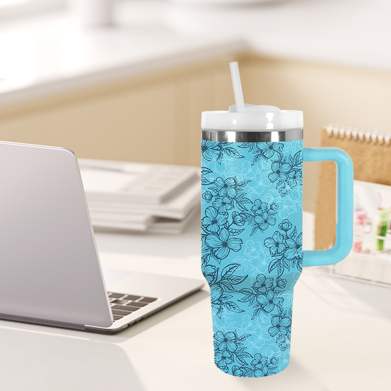 RTS USA Warehouse Stock 40oz H2.0 Powder Coated Double Wall Stainless Steel Tumblers Travel Mug with Pattern Blue