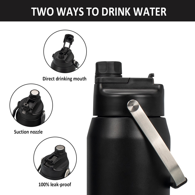 Custom Logo 60oz Stainless Steel Thermal 1800ml Large Capacity Outdoor Sports Water Bottle with 2 in 1 Drinking Handle Lid
