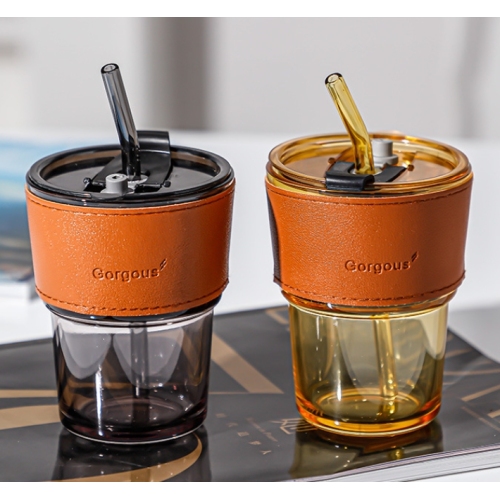 Wholesale 420ml Water Glass Coffee Mugs with Lid and Straw Cups for Home Office Milk Tea Gift Logo Custom on Leather Cover
