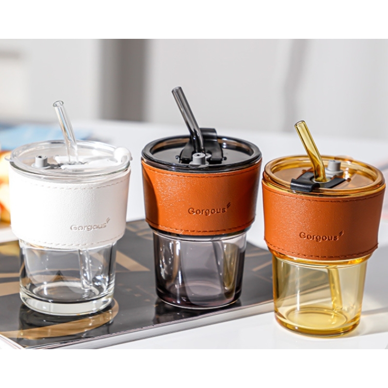 Wholesale 420ml Water Glass Coffee Mugs with Lid and Straw Cups for Home Office Milk Tea Gift Logo Custom on Leather Cover