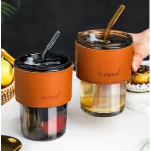 Wholesale 420ml Water Glass Coffee Mugs with Lid and Straw Cups for Home Office Milk Tea Gift Logo Custom on Leather Cover