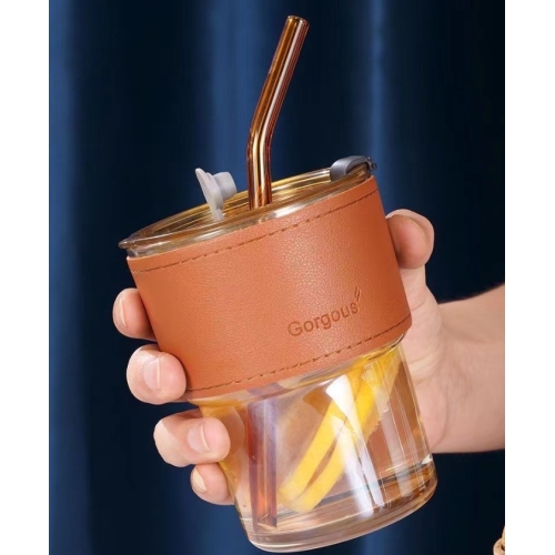 Wholesale 420ml Water Glass Coffee Mugs with Lid and Straw Cups for Home Office Milk Tea Gift Logo Custom on Leather Cover