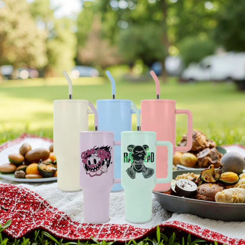 Matte Colorful 40oz Sublimation Blanks Travel Mug H3.0 Insulated Stainless Steel Tumbler with Handle Metal Straw Brush