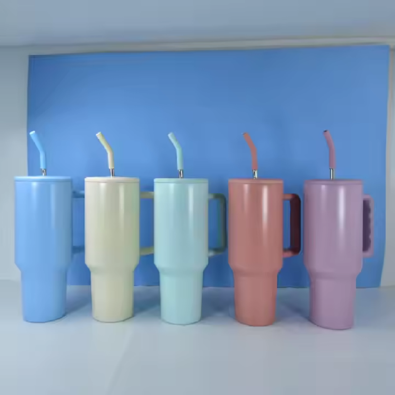 Matte Colorful 40oz Sublimation Blanks Travel Mug H3.0 Insulated Stainless Steel Tumbler with Handle Metal Straw Brush