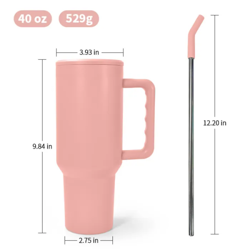 Matte Colorful 40oz Sublimation Blanks Travel Mug H3.0 Insulated Stainless Steel Tumbler with Handle Metal Straw Brush