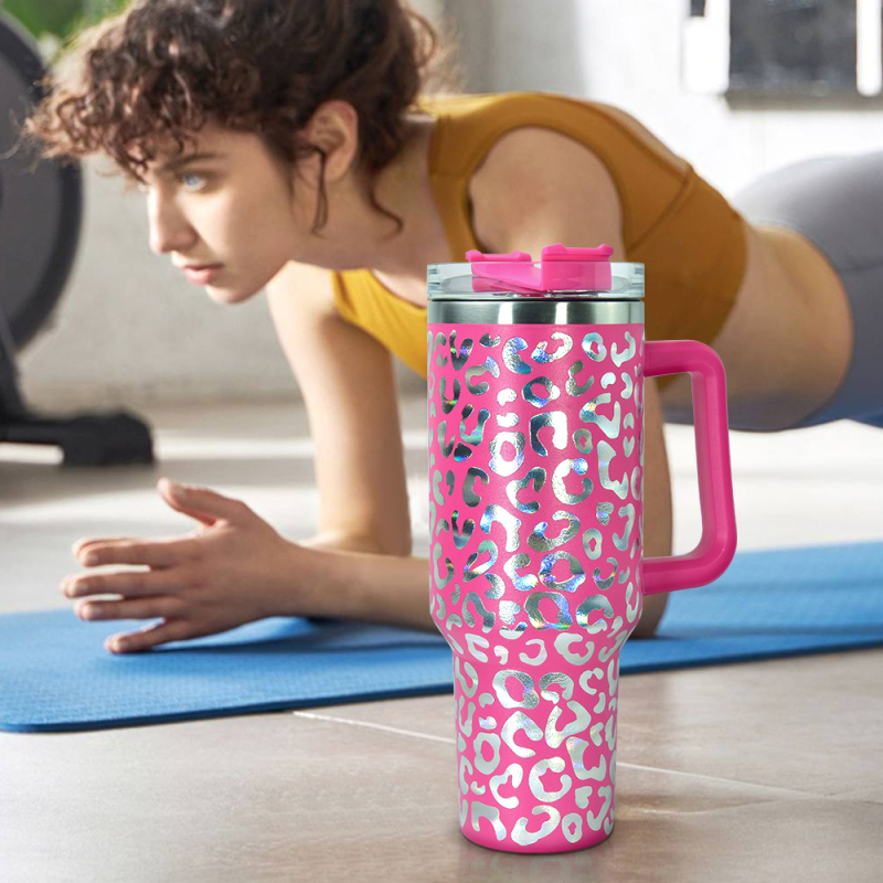 H2.0 Vaso De 40 Onzas Suave Mate 40oz Holographic Leopard Tumbler with Handle and Straw Cup 40 oz