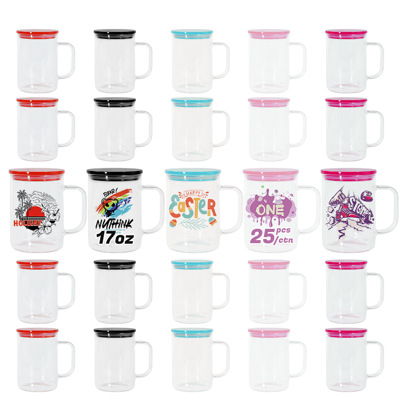 New Jelly Cup with Lids 17oz Candy Sublimation Glass Can Beer Cups Mugs with Handle and Colored Lids