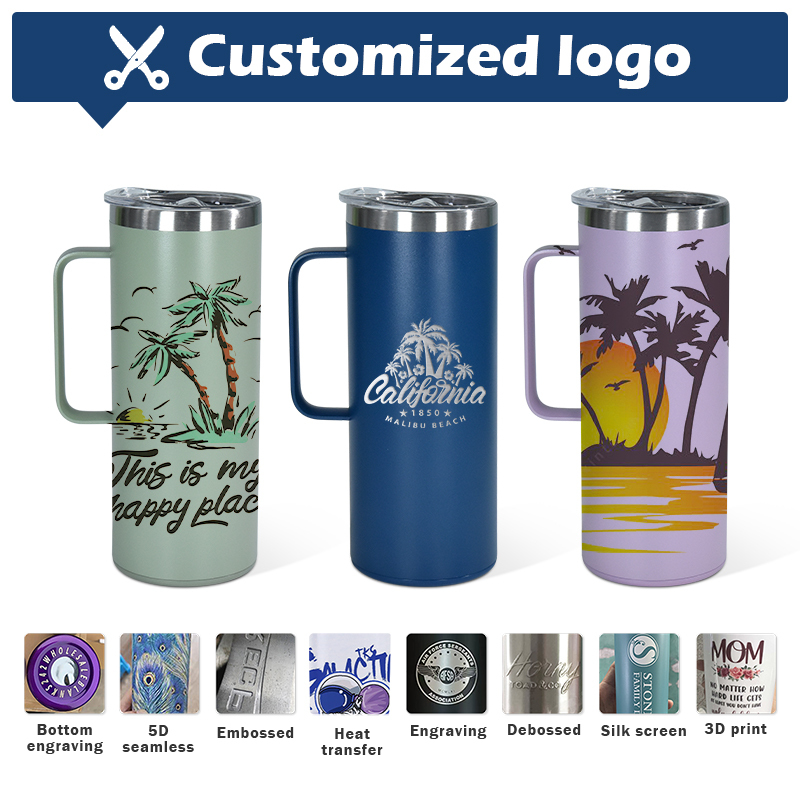 Customized 20oz Stainless Steel Powder Coated Vacuum Mug Coffee Tumblers Mugs with Container Storage Metal Straw Brush