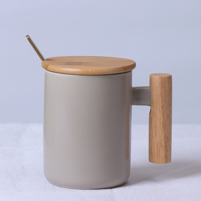 Customized Logo Coffee Mug Bamboo Lid Silk Screen 380ml Coffee Cup Milk Tea Mug UV Prints Straight Coffee Mug with Bamboo Handle
