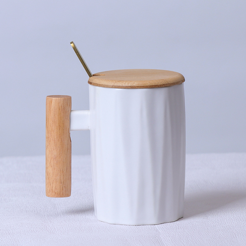 Customized Logo Coffee Mug Bamboo Lid Silk Screen 380ml Coffee Cup Milk Tea Mug UV Prints Straight Coffee Mug with Bamboo Handle