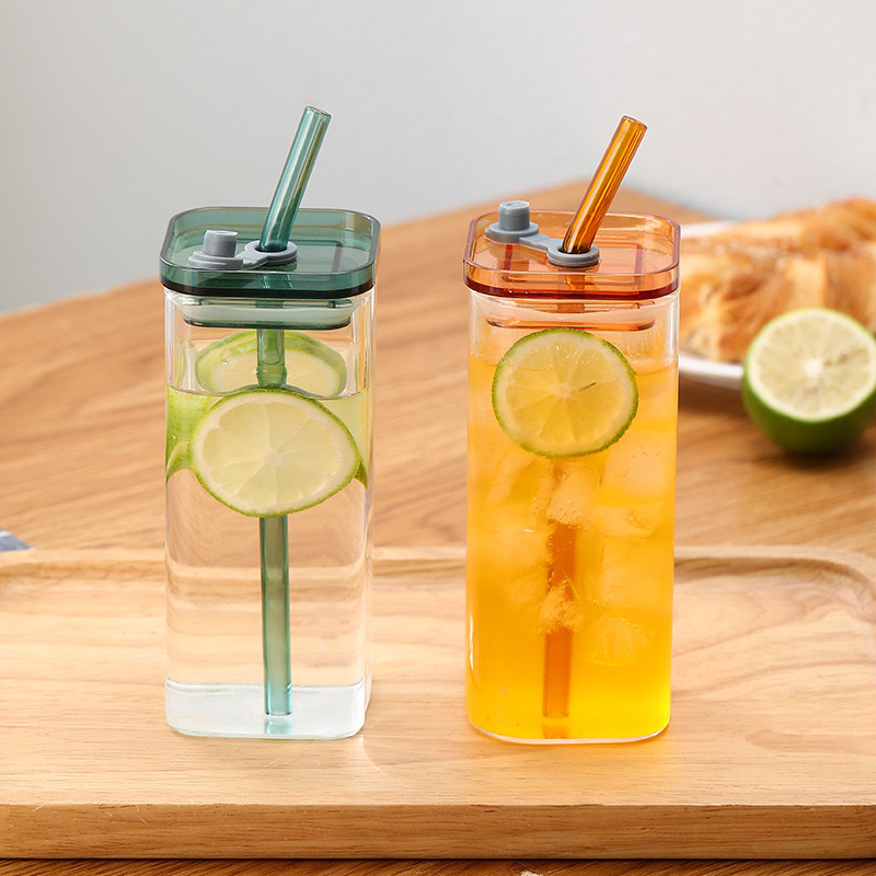 350ml Square Glass Cup Transparent Cold Drinking Glass Milk Juice Tea Drink Water Cups Beer Coffee Mug with  Lid and Straw