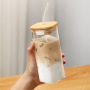 350ml Square Glass Cup Transparent Cold Drinking Glass Milk Juice Tea Drink Water Cups Beer Coffee Mug with  Lid and Straw
