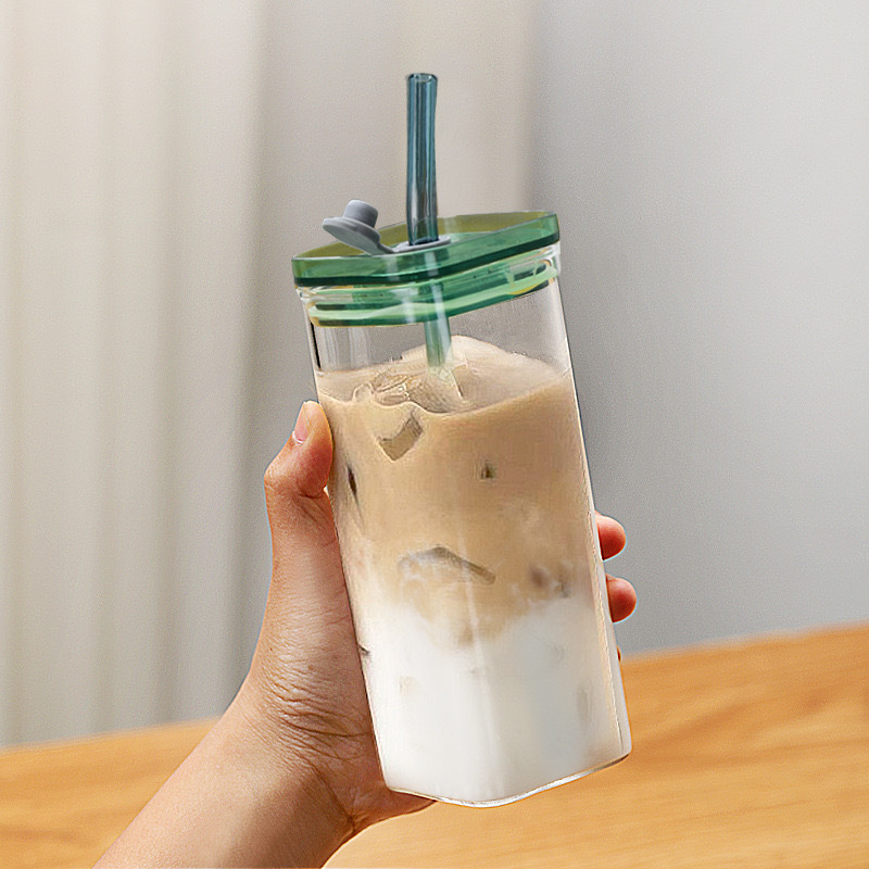 350ml Square Glass Cup Transparent Cold Drinking Glass Milk Juice Tea Drink Water Cups Beer Coffee Mug with  Lid and Straw
