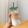 350ml Square Glass Cup Transparent Cold Drinking Glass Milk Juice Tea Drink Water Cups Beer Coffee Mug with  Lid and Straw