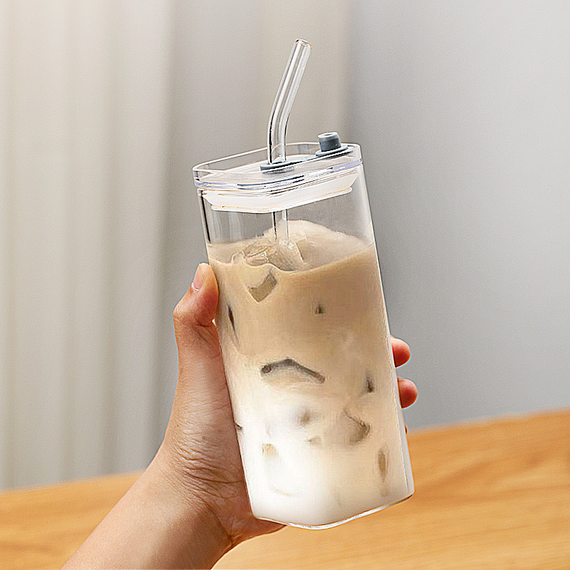 350ml Square Glass Cup Transparent Cold Drinking Glass Milk Juice Tea Drink Water Cups Beer Coffee Mug with  Lid and Straw
