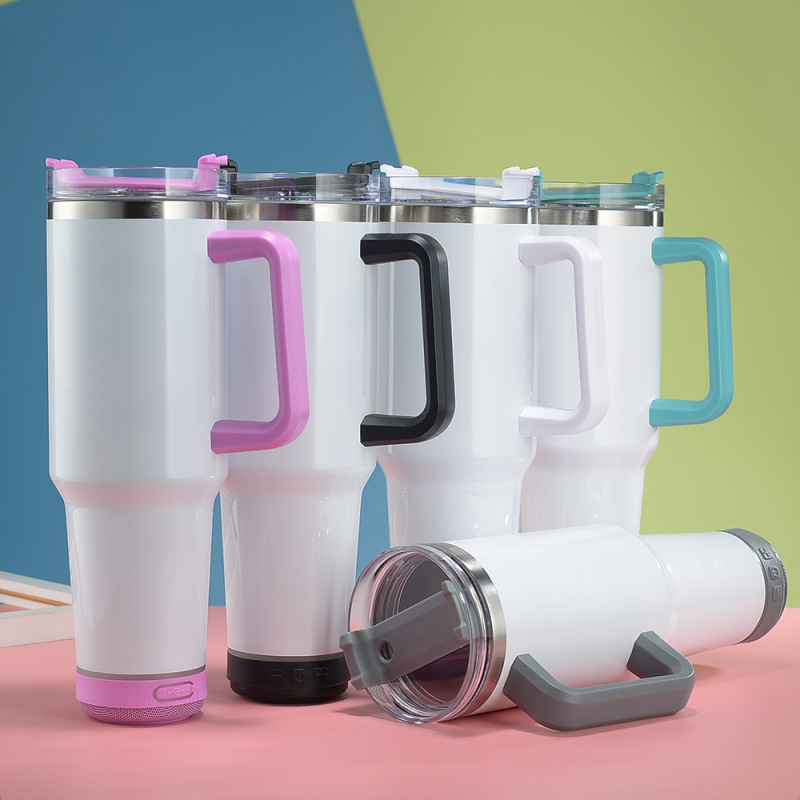 40oz White Glossy Sublimation Blank Speaker Tumbler Wireless Travel Mug Tumbler with Colored Handle for Heat Transfer Printing