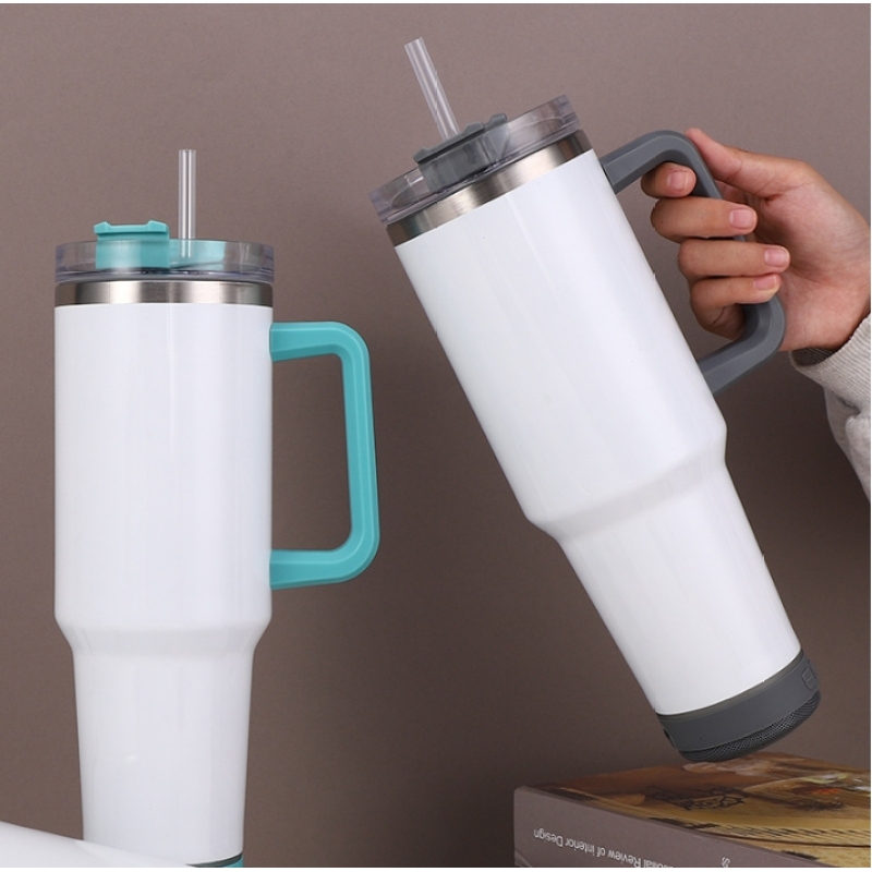 40oz White Glossy Sublimation Blank Speaker Tumbler Wireless Travel Mug Tumbler with Colored Handle for Heat Transfer Printing