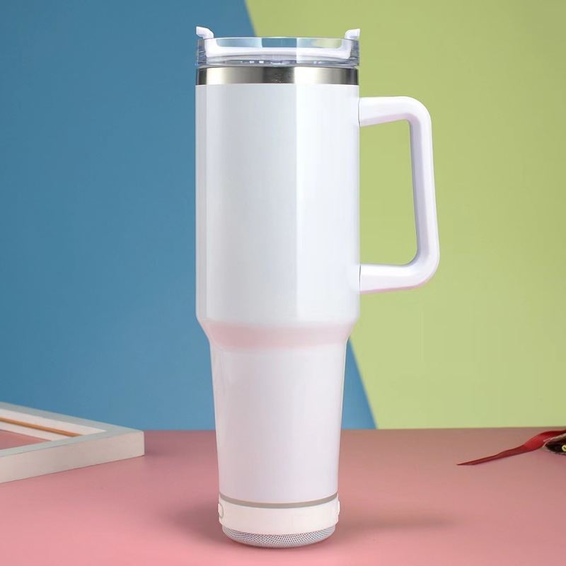 40oz White Glossy Sublimation Blank Speaker Tumbler Wireless Travel Mug Tumbler with Colored Handle for Heat Transfer Printing