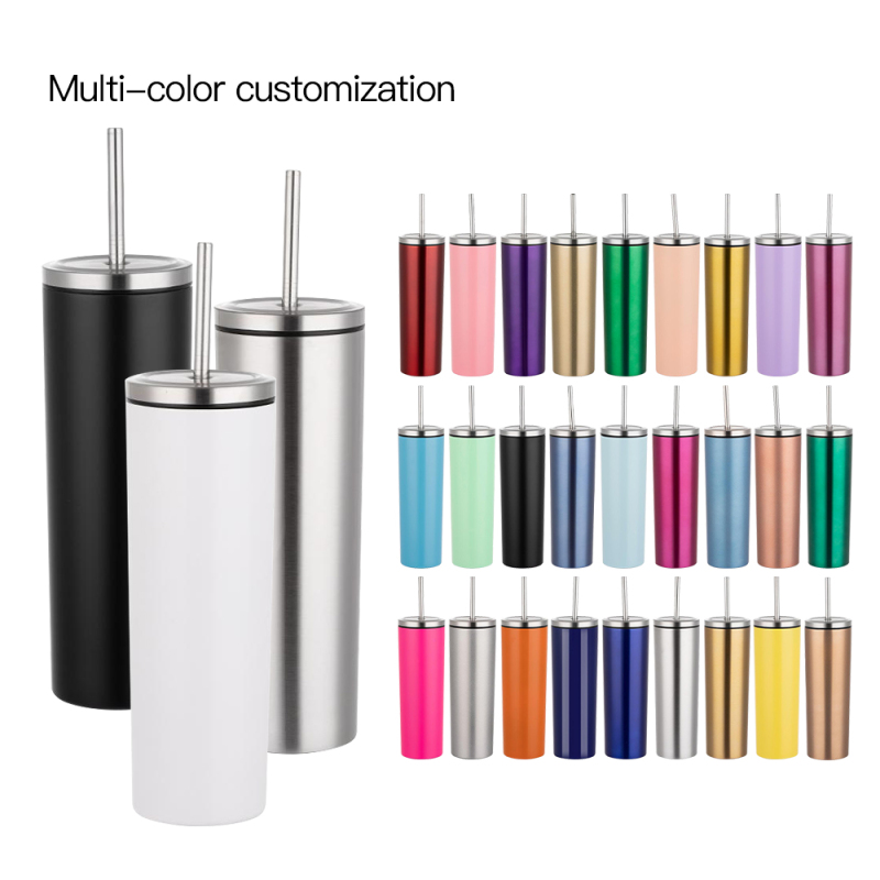 Skinny Tumbler 20oz Ice or Cold Straight Slim Tumbler, Vacuum Insulated Stainless Steel Tumbler Cup with Metal Lid Straw
